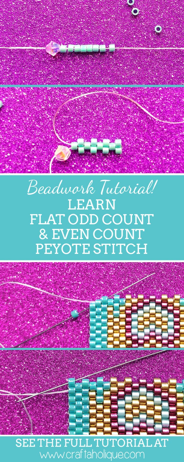 Flat even count and flat odd count peyote stitch tutorial from Craftaholique. Beadwork techniques.