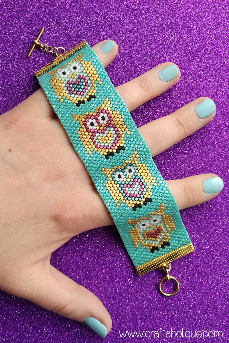 Peyote project - Cute Owl Beaded Cuff Bracelet with Miyuki Delicas - Odd Count Peyote Stitch