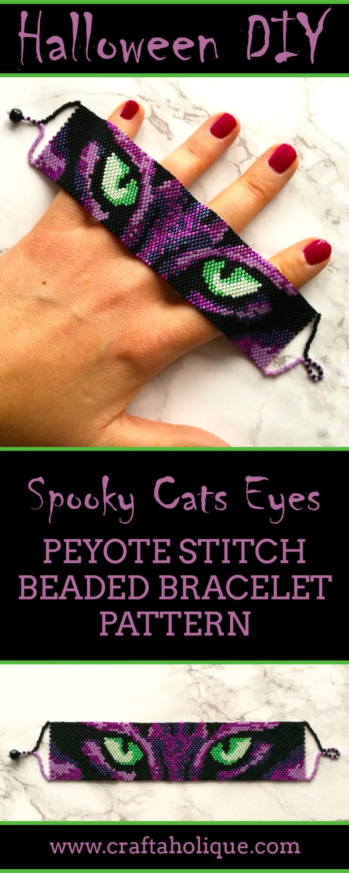 Halloween Beading - Spooky Cats Eyes Peyote Stitch Pattern by Craftaholique
