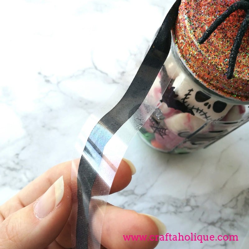 Bostik micro dots for sticking ribbon onto a mason jar - Halloween craft project